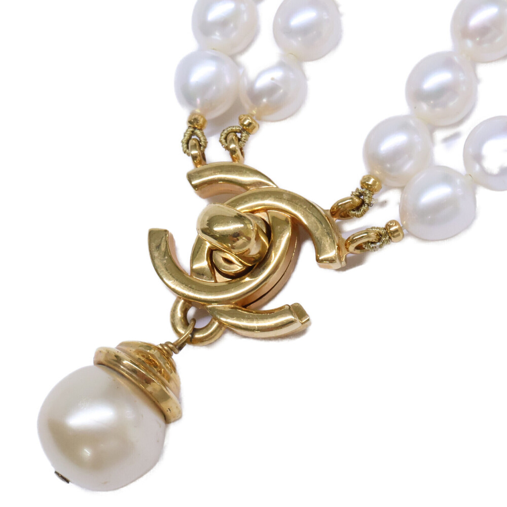 CHANEL 96A Coco Mark Turnlock Double Strand Baroque Pearl Necklace Gold Women's